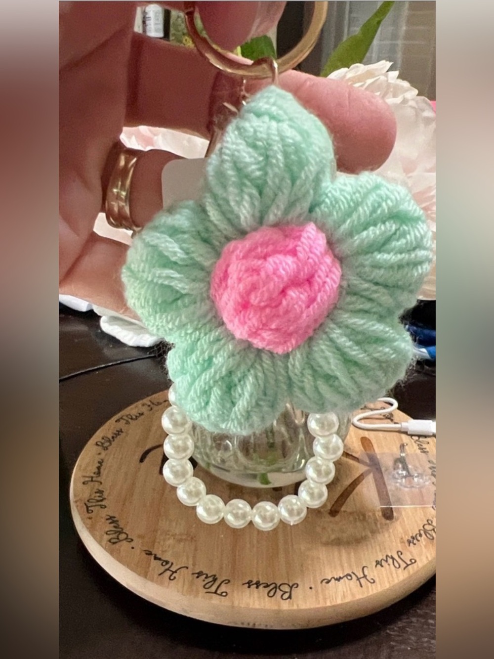 New Princess Handmade Mint & Pink Yarn Flower Keychain with Pearl Bead Loop